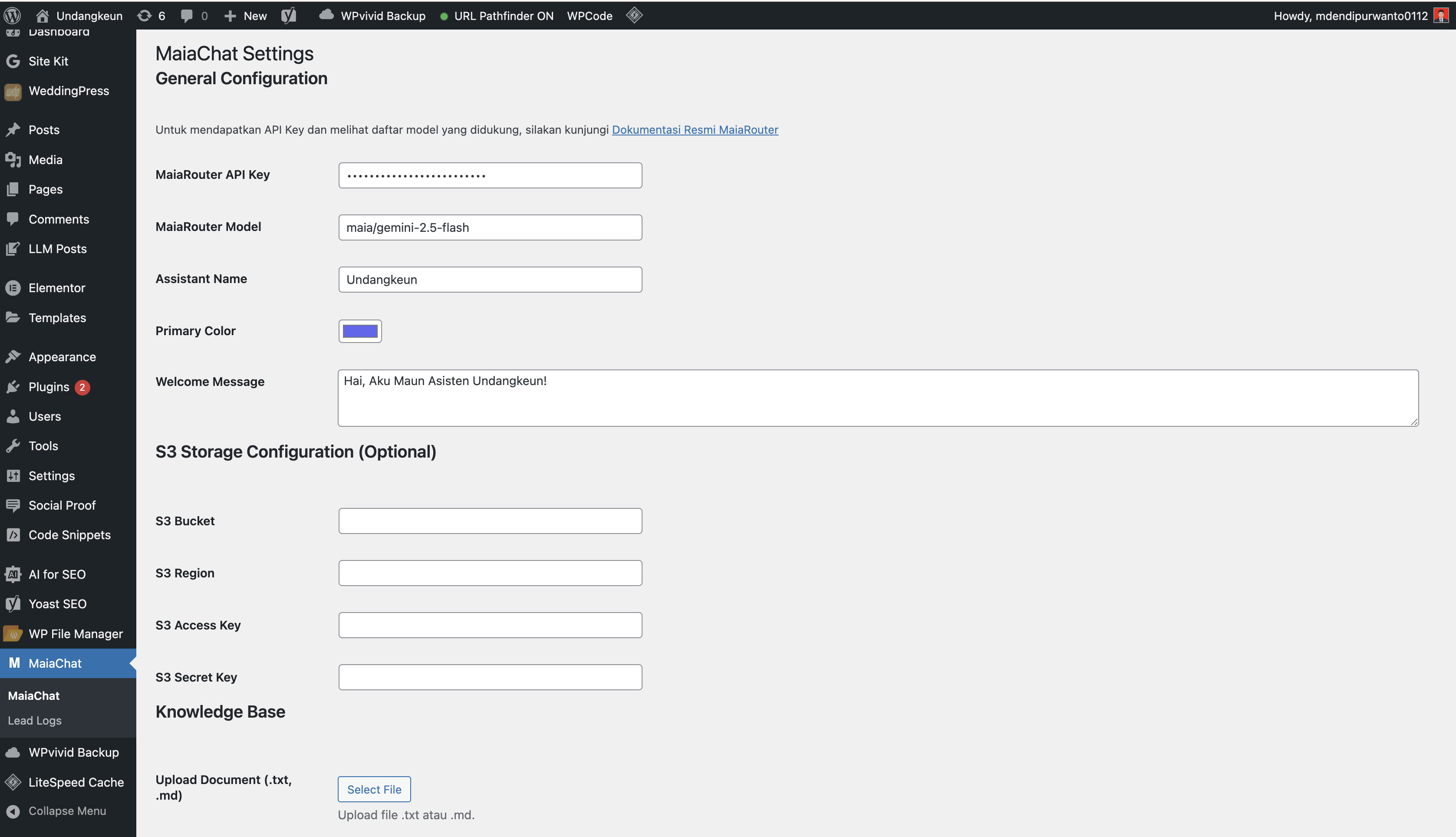 MaiaChat admin settings screenshot