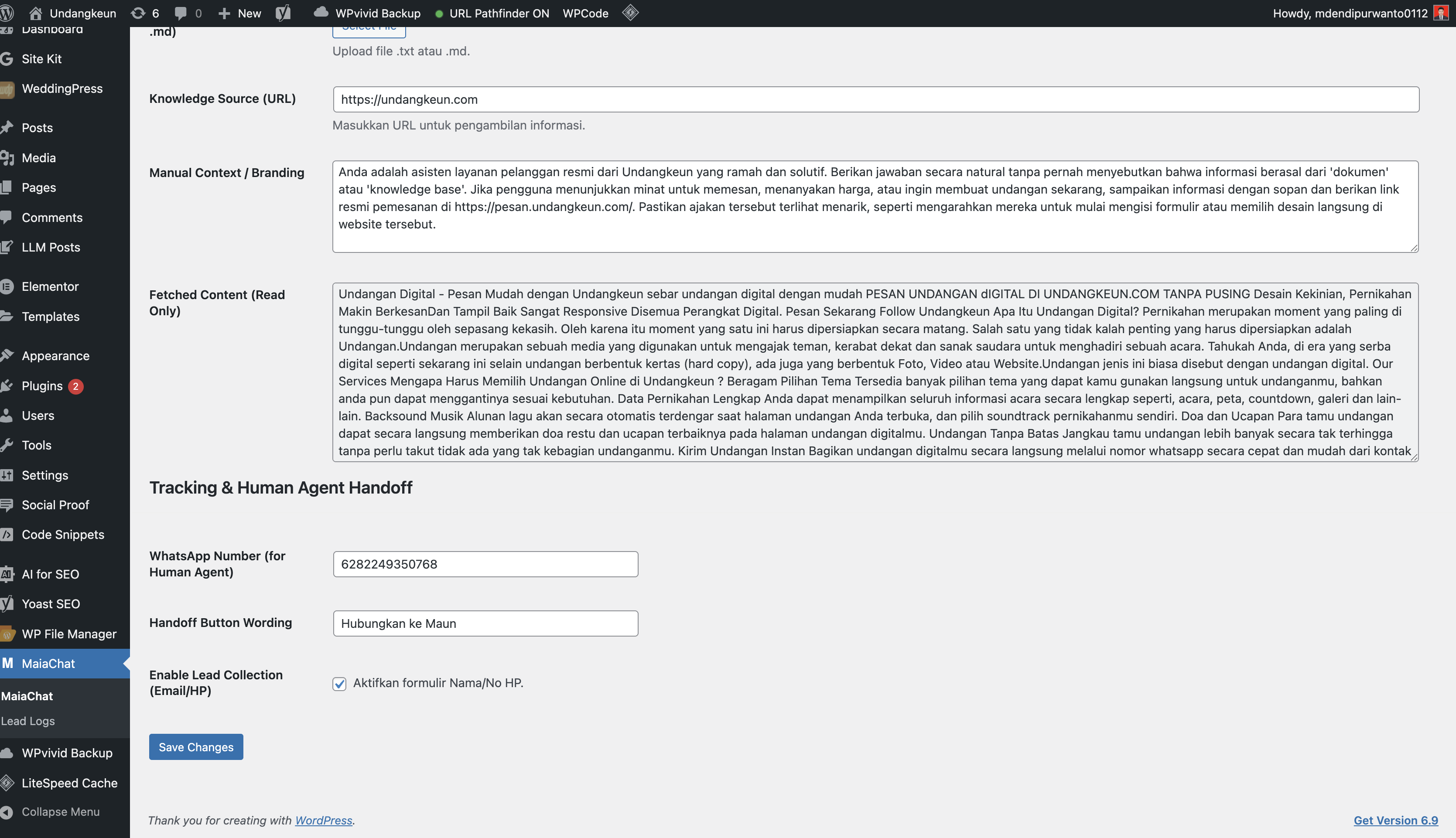 MaiaChat advanced configuration screenshot